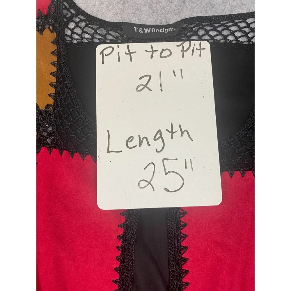 T&W‎ Designs Patchwork Crochet Faux Suede Open Front Cardigan Red Tan Black M/L